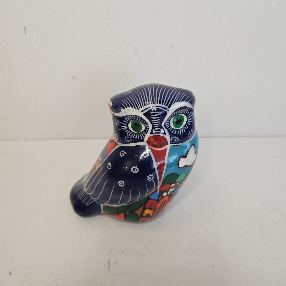 Hand Painted Talavera Owl Clay Figurine Mexico Folk Art READ